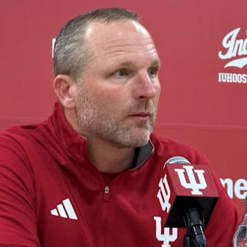 Indiana basketball coach Darian DeVries speaks with reporters Nov. 16, 2025, after beating Incarnate Word at Assembly Hall.