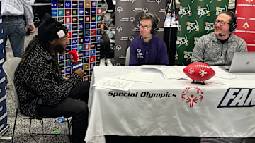 Aaron Jones, Wyatt Spalding and Cody Williams at Super Bowl LIX Radio Row