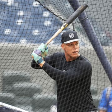 Jun 28, 2024; Toronto, Ontario, CAN; New York Yankees outfielder Aaron Judge (99) takes batting practice before a game against the Toronto Blue Jays at Rogers Centre. Mandatory Credit: Nick Turchiaro-USA TODAY Sports