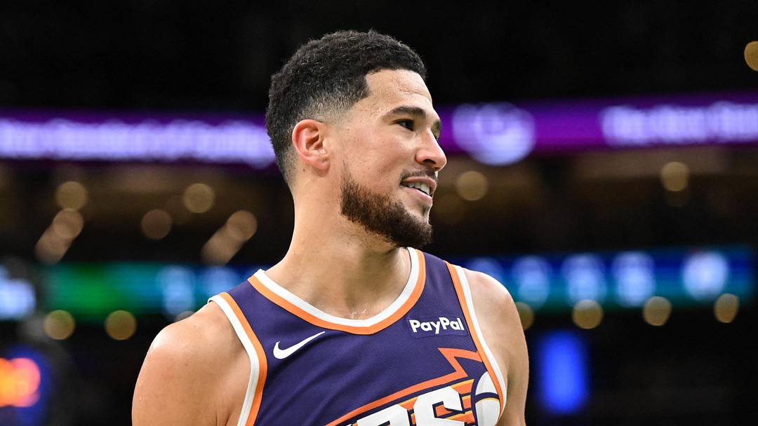 Mar 16, 2026; Boston, Massachusetts, USA; Phoenix Suns guard Devin Booker (1) reacts after a game against the Boston Celtics during the second half at the TD Garden. Mandatory Credit: Brian Fluharty-Imagn Images