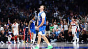 Oct 24, 2025; Dallas, Texas, USA;  Dallas Mavericks forward Cooper Flagg (32) reacts during the second half against the Washington Wizards at American Airlines Center. Mandatory Credit: Kevin Jairaj-Imagn Images