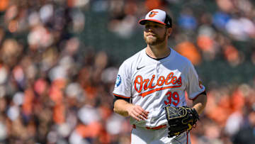 Baltimore Orioles pitcher Corbin Burnes (39) looks on during the first inning against the Tampa Bay Rays at Oriole Park at Camden Yards.