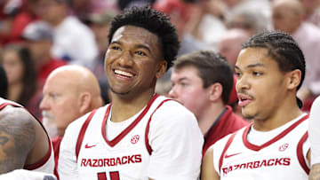 Arkansas Razorbacks wing Karter Knox (11) and guard Darius Acuff Jr (5) on the bench during the second half against the Jackson State Tigers at Bud Walton Arena in Fayetteville, Ark.
