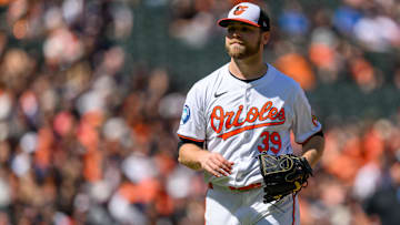 Sep 8, 2024; Baltimore, Maryland, USA; Baltimore Orioles pitcher Corbin Burnes (39) looks on during the first inning against the Tampa Bay Rays at Oriole Park at Camden Yards. Mandatory Credit: Reggie Hildred-Imagn Images
