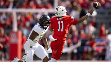 Oct 19, 2024; Tucson, Arizona, USA; Arizona Wildcats quarterback Noah Fifita (11) against the Colorado Buffalos at Arizona Stadium. Mandatory Credit: Mark J. Rebilas-Imagn Images