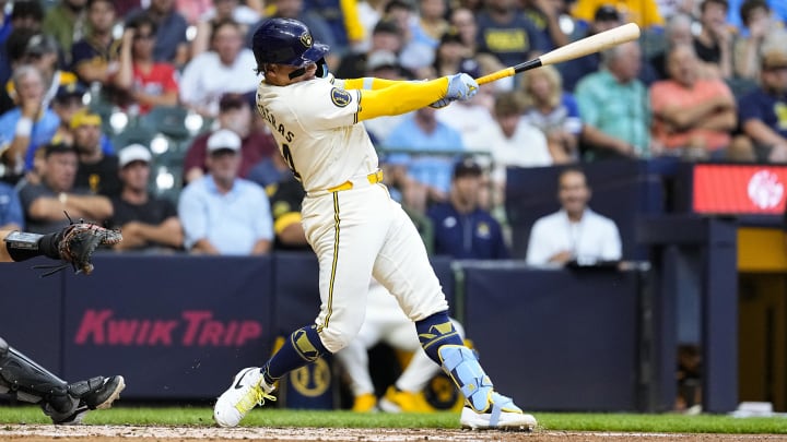 Jul 10, 2024; Milwaukee, Wisconsin, USA;  Milwaukee Brewers catcher William Contreras (24) during the game against the Pittsburgh Pirates at American Family Field. Mandatory Credit: Jeff Hanisch-USA TODAY Sports