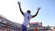 Nov 22, 2025; Houston, Texas, USA; TCU Horned Frogs wide receiver Eric McAlister (1) celebrates after a touchdown reception during the first quarter against the Houston Cougars at TDECU Stadium. Mandatory Credit: Troy Taormina-Imagn Images