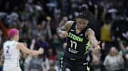 Seattle Storm guard Erica Wheeler (17) reacts after scoring against the Minnesota Lynx during the second half.