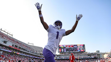 Nov 22, 2025; Houston, Texas, USA; TCU Horned Frogs wide receiver Eric McAlister (1) celebrates after a touchdown reception during the first quarter against the Houston Cougars at TDECU Stadium. Mandatory Credit: Troy Taormina-Imagn Images