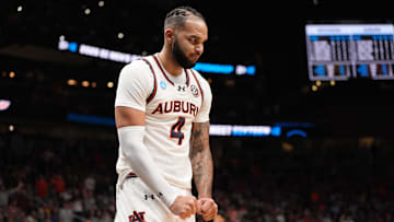 Mar 28, 2025; Atlanta, GA, USA; Auburn Tigers forward Johni Broome (4) reacts after a play in the second half of a South Regional semifinal of the 2025 NCAA tournament against the Michigan Wolverines at State Farm Arena. Mandatory Credit: Dale Zanine-Imagn Images