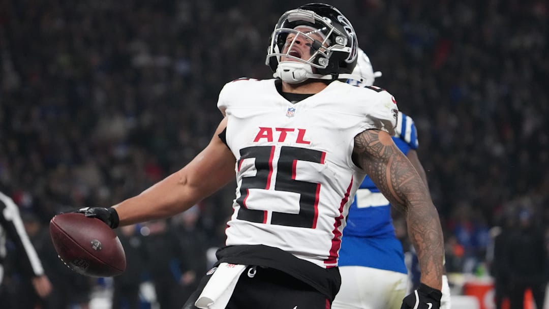 Nov 9, 2025; Berlin, Germany; Atlanta Falcons running back Tyler Allgeier (25) celebrates after scoring a touchdown against the Indianapolis Colts during the NFL Berlin Game at Olympic Stadium. 
