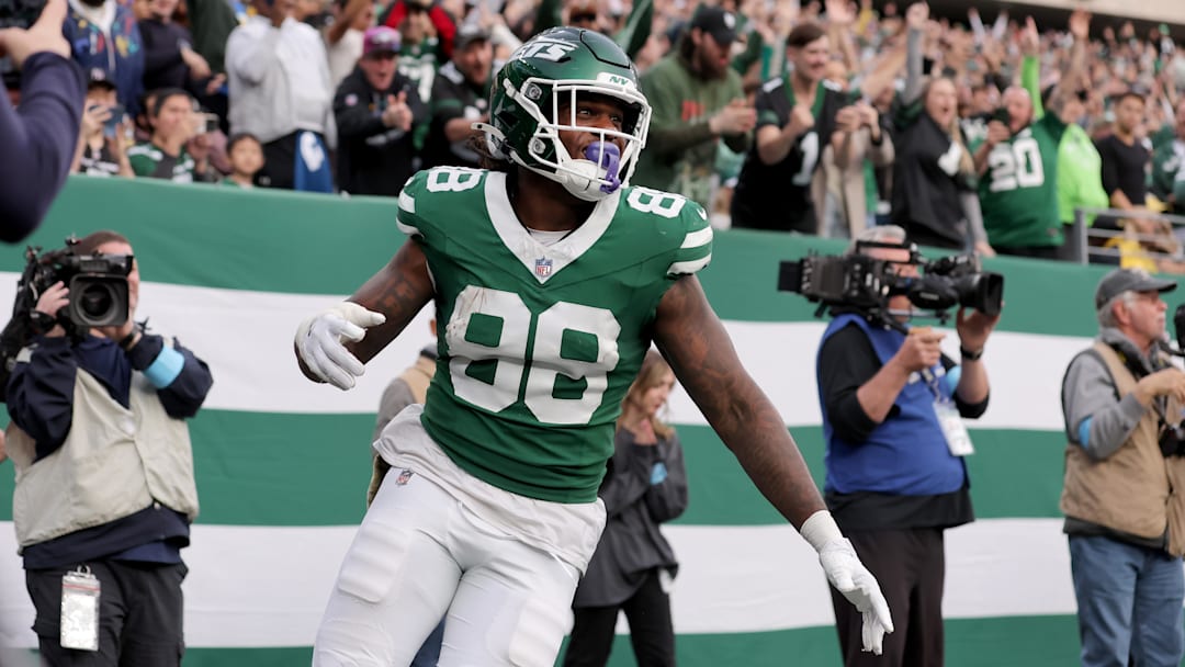 Nov 17, 2024; East Rutherford, New Jersey, USA; New York Jets tight end Kenny Yeboah (88) celebrates his touchdown against the Indianapolis Colts during the fourth quarter at MetLife Stadium.