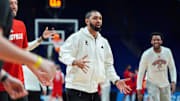 Louisville Cardinals' director of player development Peyton Siva fires up the team during practice before the first round of the 2025 NCAA men's basketball tournament In Lexington, Kentucky Wednesday, March 19, 2025.