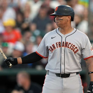 Jul 5, 2025; West Sacramento, California, USA; San Francisco Giants designated hitter Rafael Devers (16) bats during the third inning against the Athletics at Sutter Health Park.