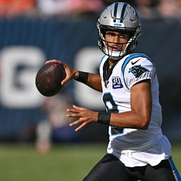 Oct 6, 2024; Chicago, Illinois, USA; Carolina Panthers quarterback Bryce Young (9) looks to throw against the Chicago Bears during the fourth quarter at Soldier Field. Mandatory Credit: Daniel Bartel-Imagn Images
