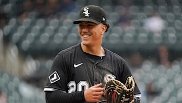 May 28, 2025; New York, New York, USA; Chicago White Sox first baseman Miguel Vargas (20) reacts during the game against the New York Mets at Citi Field. Mandatory Credit: Lucas Boland-Imagn Images