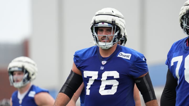 Jul 25, 2024; East Rutherford, NY, USA; New York Giants offensive guard Jon Runyan (76) participates in a drill during training camp at Quest Diagnostics Training Center. Mandatory Credit: Lucas Boland-USA TODAY Sports