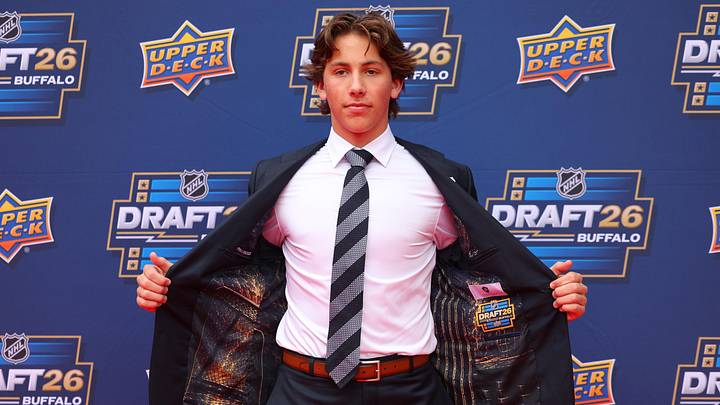 Jun 26, 2026; Buffalo, New York, USA; NHL prospect Wyatt Cullen before the first round of the 2026 NHL Draft at KeyBank Center. Mandatory Credit: Timothy T. Ludwig-Imagn Images