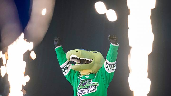 Everblades mascot Swampee is introduced during the Kelly Cup championship celebration hosted by the Florida Everblades at Hertz Arena in Estero on Wednesday, June 12, 2024.