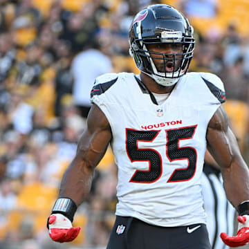 Aug 9, 2024; Pittsburgh, Pennsylvania, USA;  Houston Texans defensive end Danielle Hunter (55) celebrates after sacking Pittsburgh Steelers quarterback Justin Fields (2) during the first quarter at Acrisure Stadium.