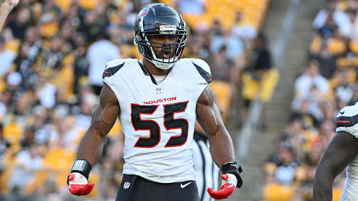 Aug 9, 2024; Pittsburgh, Pennsylvania, USA;  Houston Texans defensive end Danielle Hunter (55) celebrates after sacking Pittsburgh Steelers quarterback Justin Fields (2) during the first quarter at Acrisure Stadium.