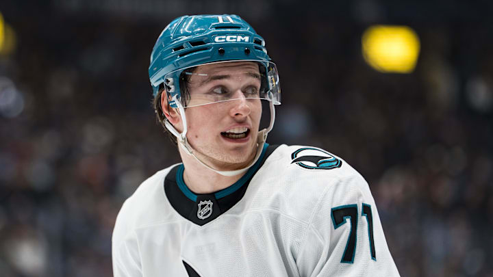 Jan 27, 2026; Vancouver, British Columbia, CAN; San Jose Sharks forward Macklin Celebrini (71) during a stop in play against the Vancouver Canucks in the first period at Rogers Arena. Mandatory Credit: Bob Frid-Imagn Images