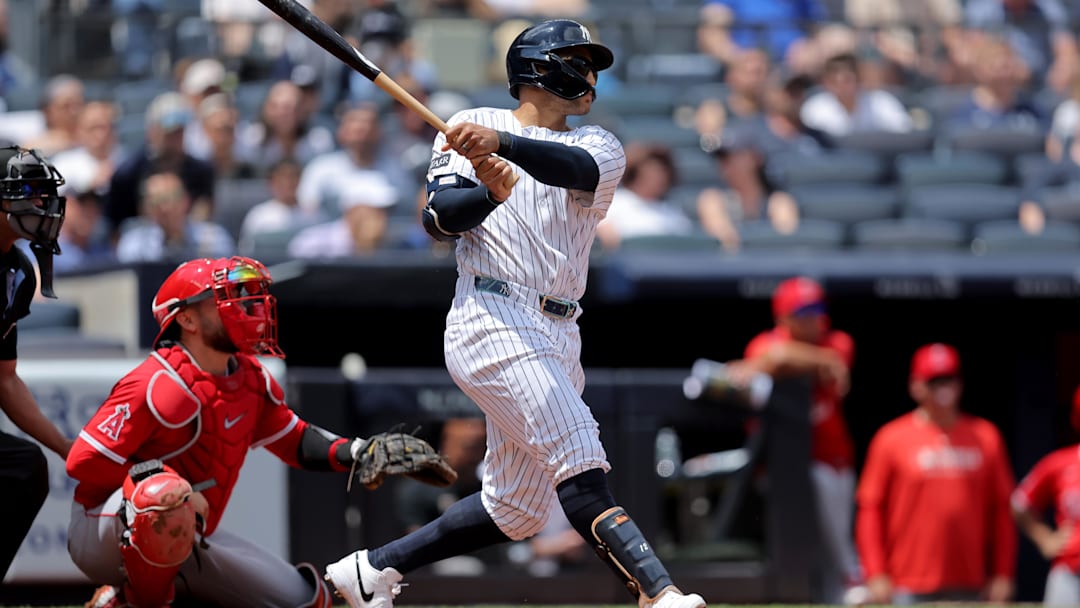 Jun 19, 2025; Bronx, New York, USA; New York Yankees center fielder Trent Grisham (12) follows through on a two run home run against the Los Angeles Angels during the second inning at Yankee Stadium. Mandatory Credit: Brad Penner-Imagn Images Jun 19, 2025; Bronx, New York, USA; New York Yankees center fielder Trent Grisham (12) follows through on a two run home run against the Los Angeles Angels during the second inning at Yankee Stadium. Mandatory Credit: Brad Penner-Imagn Images