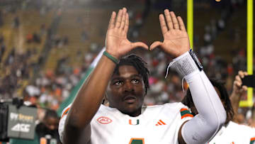 Oct 5, 2024; Berkeley, California, USA; Miami Hurricanes quarterback Cam Ward (1) gestures after defeating the California Golden Bears at California Memorial Stadium. Mandatory Credit: Darren Yamashita-Imagn Images