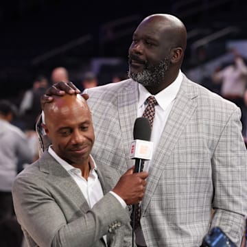 May 29, 2025; New York, New York, USA;   Richard Jefferson and Shaquille O'Neal look on before game five of the eastern conference finals for the 2025 NBA Playoffs at Madison Square Garden. Mandatory Credit: Vincent Carchietta-Imagn Images