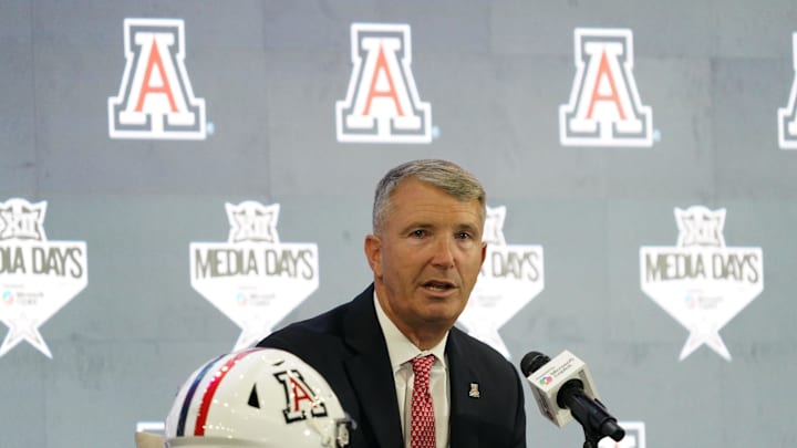 Jul 9, 2025; Frisco, TX, USA; Arizona head coach Brent Brennan speaks with the media during 2025 Big 12 Football Media Days at The Star. Mandatory Credit: Raymond Carlin III-Imagn Images