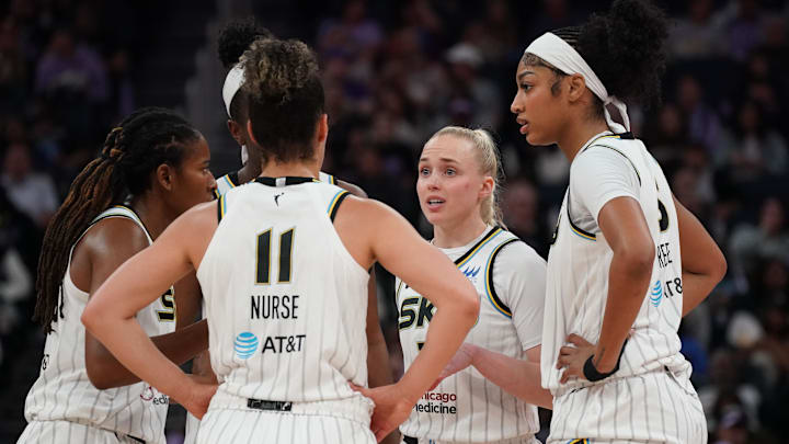May 21, 2025; San Francisco, California, USA;  Chicago Sky guard Hailey Van Lith (2) and guard Kia Nurse (11) and forward Angel Reese (5) talk in the huddle in the first quarter against the Golden State Valkyries at Chase Center. Mandatory Credit: David Gonzales-Imagn Images