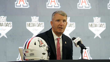 Jul 9, 2025; Frisco, TX, USA; Arizona head coach Brent Brennan speaks with the media during 2025 Big 12 Football Media Days at The Star. Mandatory Credit: Raymond Carlin III-Imagn Images