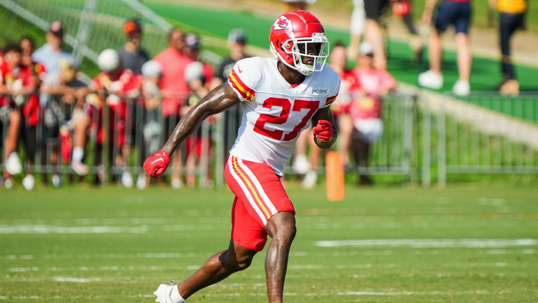 Jul 28, 2023; St. Joseph, MO, USA; Kansas City Chiefs safety Chamarri Conner (27) during training camp at Missouri Western State University. Mandatory Credit: Jay Biggerstaff-USA TODAY Sports