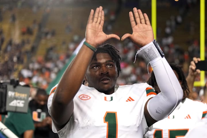 Miami Hurricanes quarterback Cam Ward gestures after defeating the California Golden Bears.