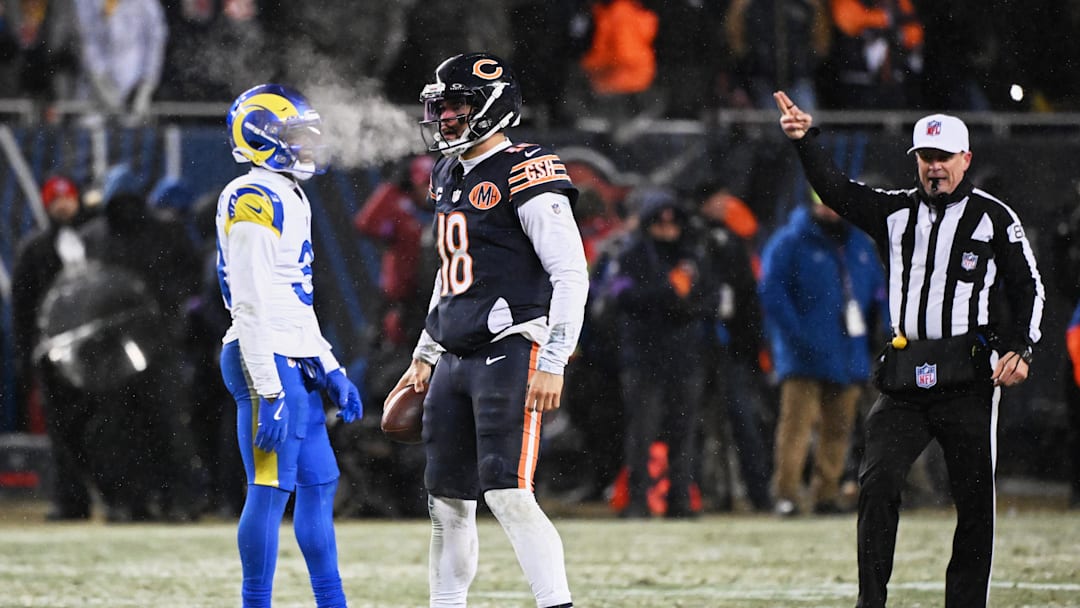 Jan 18, 2026; Chicago, IL, USA; Chicago Bears quarterback Caleb Williams (18) reacts to a first down against the Los Angeles Rams during the fourth quarter of an NFC Divisional Round game at Soldier Field. Mandatory Credit: Matt Marton-Imagn Images