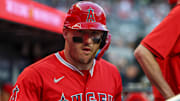 Jul 2, 2025; Atlanta, Georgia, USA; Los Angeles Angels designated hitter Mike Trout (27) in the dugout