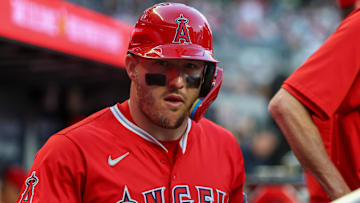 Jul 2, 2025; Atlanta, Georgia, USA; Los Angeles Angels designated hitter Mike Trout (27) in the dugout