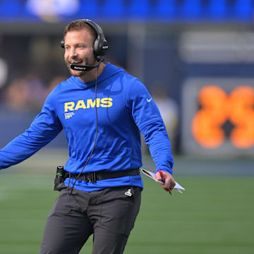 Nov 2, 2025; Inglewood, California, USA; Los Angeles head coach Sean McVay reacts after a touchdown by the Rams against the New Orleans Saints during the first half at SoFi Stadium. Mandatory Credit: Jayne Kamin-Oncea-Imagn Images