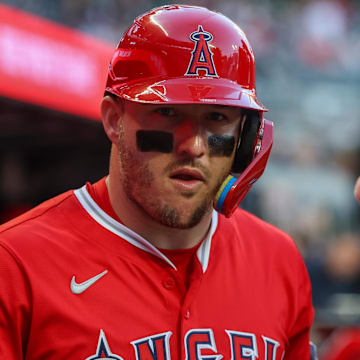 Jul 2, 2025; Atlanta, Georgia, USA; Los Angeles Angels designated hitter Mike Trout (27) in the dugout