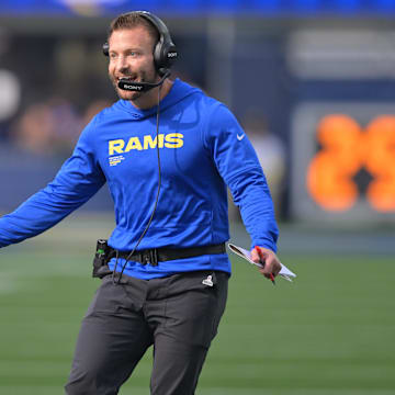 Nov 2, 2025; Inglewood, California, USA; Los Angeles head coach Sean McVay reacts after a touchdown by the Rams against the New Orleans Saints during the first half at SoFi Stadium. Mandatory Credit: Jayne Kamin-Oncea-Imagn Images