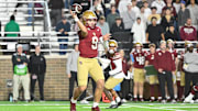 Oct 11, 2025; Chestnut Hill, Massachusetts, USA; Boston College Eagles quarterback Dylan Lonergan (9) throws a pass during the first half against the Clemson Tigers at Alumni Stadium. Mandatory Credit: Eric Canha-Imagn Images