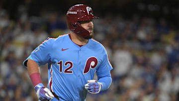 Oct 8, 2025; Los Angeles, California, USA; Philadelphia Phillies designated hitter Kyle Schwarber (12) rounds the bases hitting a solo home run off Los Angeles Dodgers pitcher Yoshinobu Yamamoto (18) during the fourth inning of game three of the NLDS during the 2025 MLB playoffs at Dodger Stadium. Mandatory Credit: Jayne Kamin-Oncea-Imagn Images