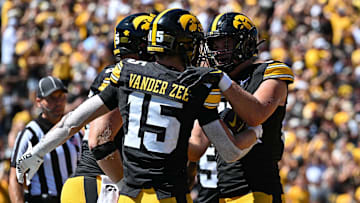 Aug 31, 2024; Iowa City, Iowa, USA; Iowa Hawkeyes wide receiver Reece Vander Zee (15) and tight end Luke Lachey (85) react after a touchdown by Vander Zee during the fourth quarter against the Illinois State Redbirds at Kinnick Stadium. Mandatory Credit: Jeffrey Becker-USA TODAY Sports
