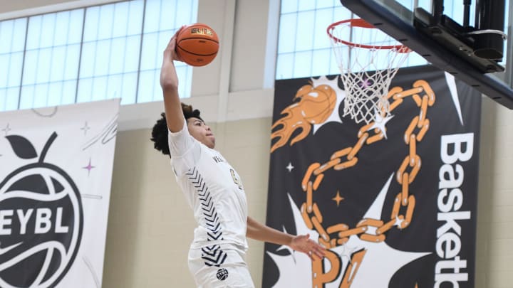 Vegas Elite's Tyran Stokes (4) dunks the ball during the Vegas Elite and Boo Williams game on the third day of the Peach Jam at Riverview Park Activities Center on July 5, 2023 in North Augusta, S.C