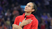 Jul 23, 2025; Phoenix, Arizona, USA; Atlanta Dream center Brittney Griner (42) acknowledges the fans and Phoenix Mercury before a game at Footprint Center. Mandatory Credit: Rick Scuteri-Imagn Images