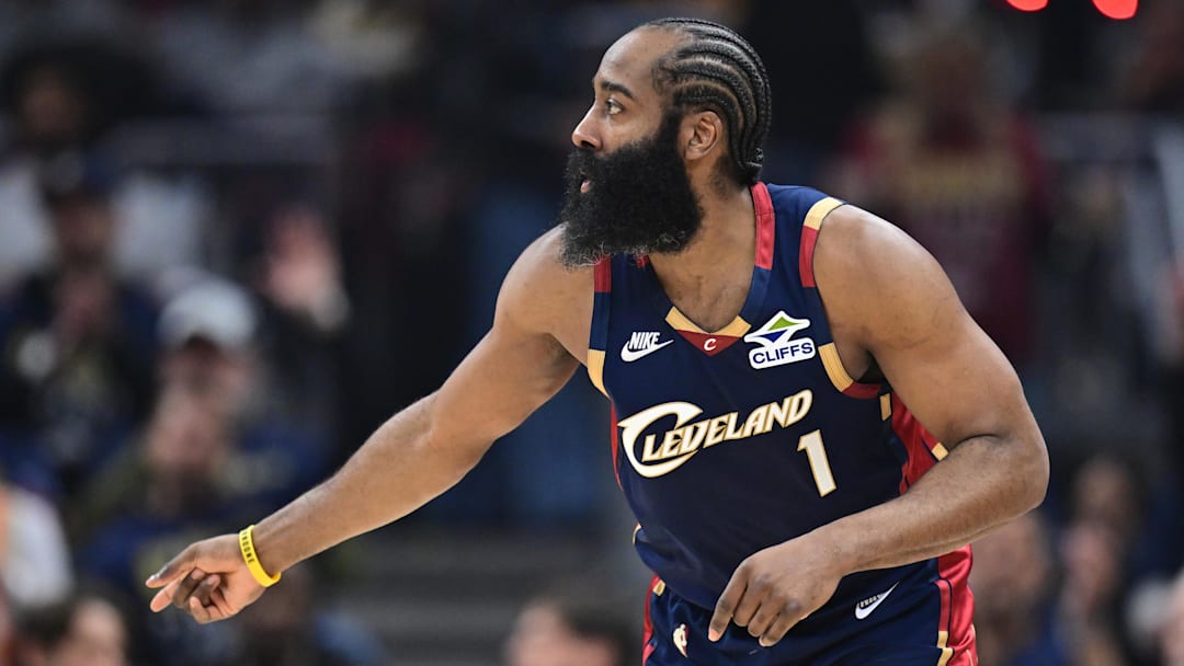 Apr 20, 2026; Cleveland, Ohio, USA; Cleveland Cavaliers guard James Harden (1) celebrates after a three point basket during he second half during game two of the first round of the 2026 NBA Playoffs against the Toronto Raptors at Rocket Arena. Mandatory Credit: David Dermer-Imagn Images