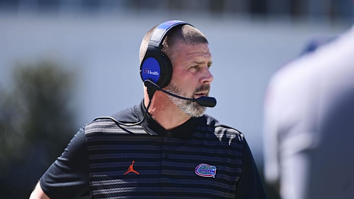 Sep 21, 2024; Starkville, Mississippi, USA; Florida Gators head coach Billy Napier stands on the sidelines during the first quarter of a game against the Mississippi State Bulldogs at Davis Wade Stadium at Scott Field. Mandatory Credit: Matt Bush-Imagn Images