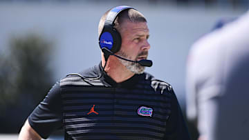 Sep 21, 2024; Starkville, Mississippi, USA; Florida Gators head coach Billy Napier stands on the sidelines during the first quarter of a game against the Mississippi State Bulldogs at Davis Wade Stadium at Scott Field. Mandatory Credit: Matt Bush-Imagn Images