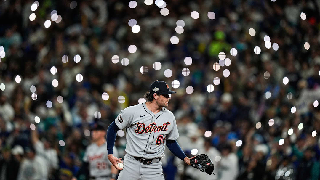 Detroit Tigers pitcher Kyle Finnegan (64) gets ready to throw a pitch against Seattle Mariners during the seventh inning of ALDS Game 5 at T-Mobile Park in Seattle on Friday, Oct. 10, 2025.