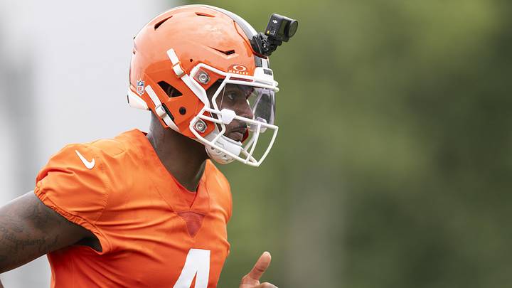 Jun 9, 2026; Berea, OH, USA; Cleveland Browns quarterback Deshaun Watson (4) runs downs field with a DJI GoPro on his helmet during mandatory mini camp at Cross Country Mortgage Campus. Mandatory Credit: Scott Galvin-Imagn Images